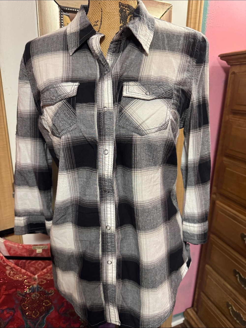 Arizona Jean Company Black and White Plaid Shirt